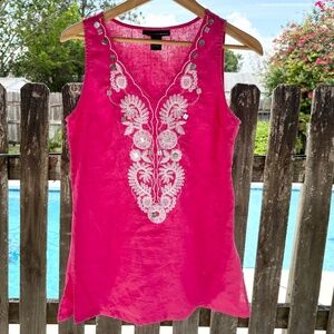 GRACE ELEMENTS Linen Embellished V-Neck Blouse Pink/White Medium